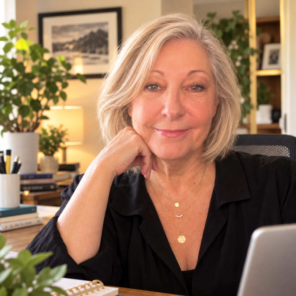 Portrait of Pati, owner of GoPati Media, seated at her desk