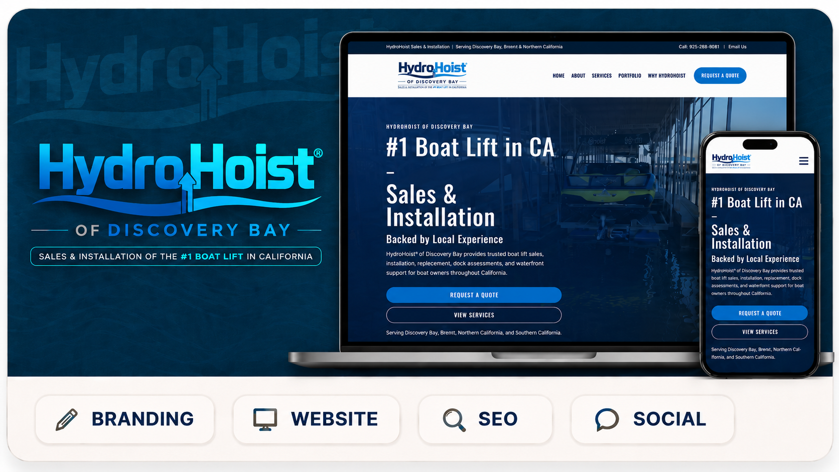 HydroHoist of Discovery Bay branding and website mockup